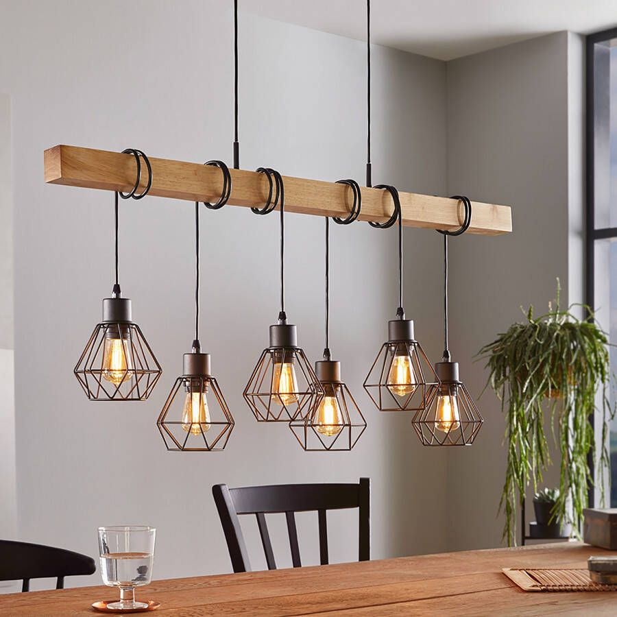 EGLO Hanglamp TOWNSHEND 5 Vintage hanglamp Industrial retro lamp van staal en hout E27