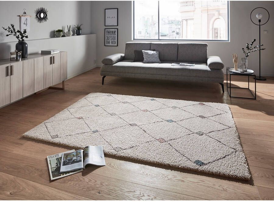 Mint rugs Hoogpolig vloerkleed geruit Create- crème pastel 80x150 cm