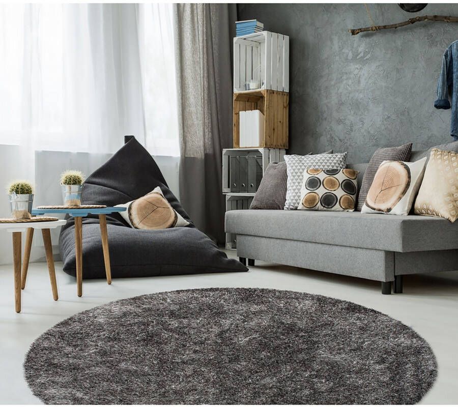 Kayoom Hoogpolig vloerkleed met zachte pool Ø 120 RUND Grijs Wit