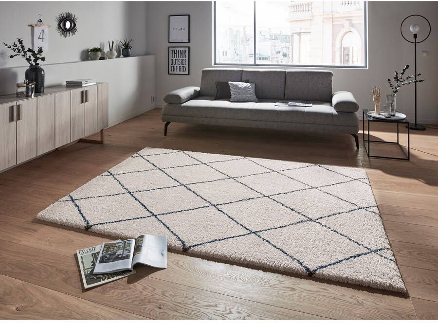 Mint rugs Hoogpolig vloerkleed geruit Feel crème petrol 160x230 cm