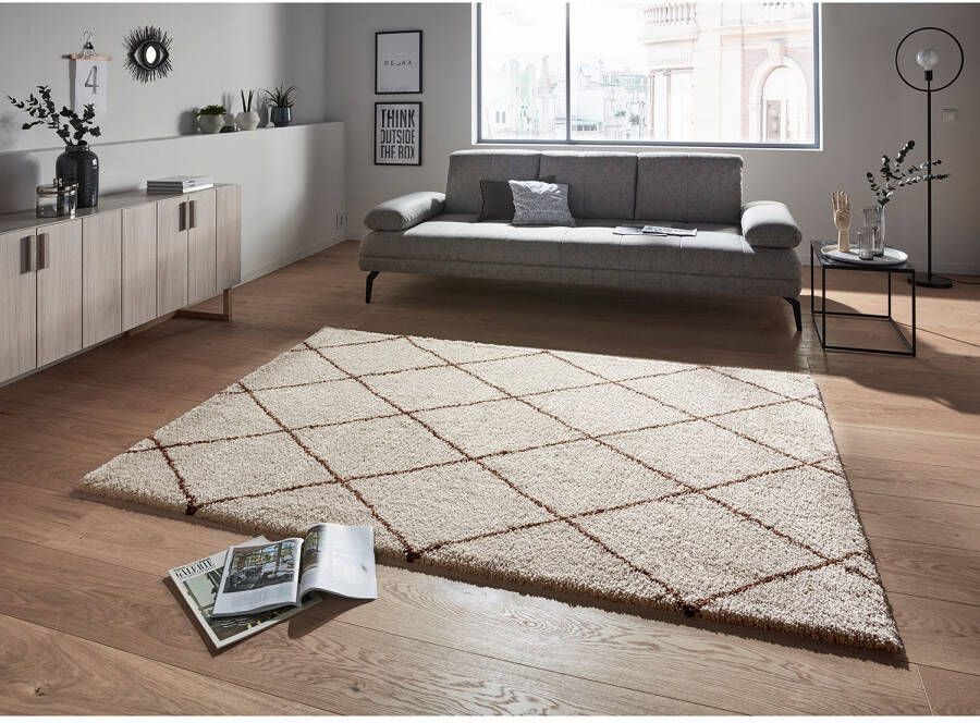 Mint rugs Hoogpolig vloerkleed geruit Feel crème koperbruin 80x150 cm