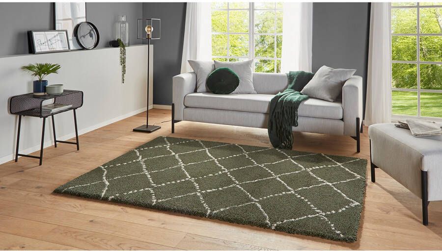 Mint rugs Hoogpolig vloerkleed geruit Allure olijfgroen crème 160x230 cm