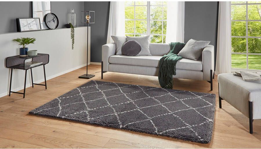 Mint rugs Hoogpolig vloerkleed geruit Allure donkergrijs crème 160x230 cm