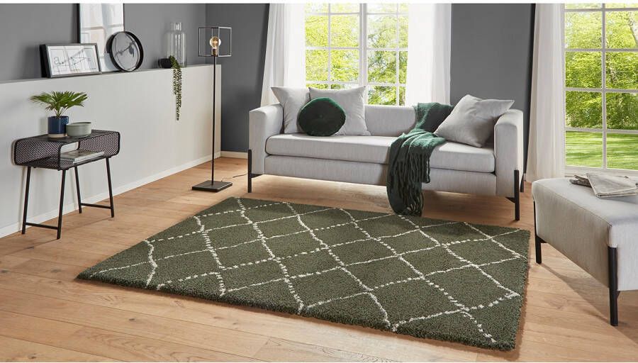 Mint rugs Hoogpolig vloerkleed geruit Allure olijfgroen crème 80x150 cm