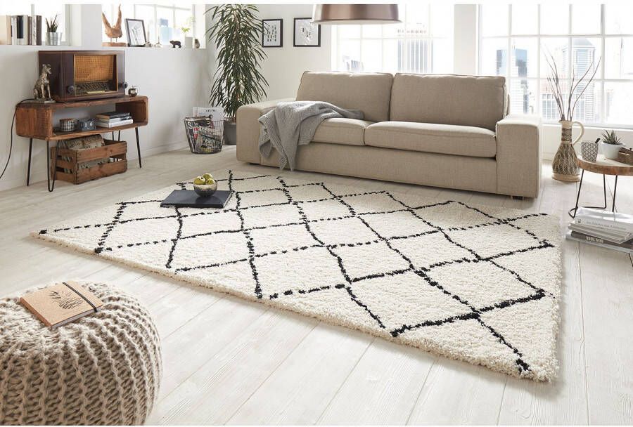 Mint rugs Hoogpolig vloerkleed geruit Allure crème zwart 200x290 cm