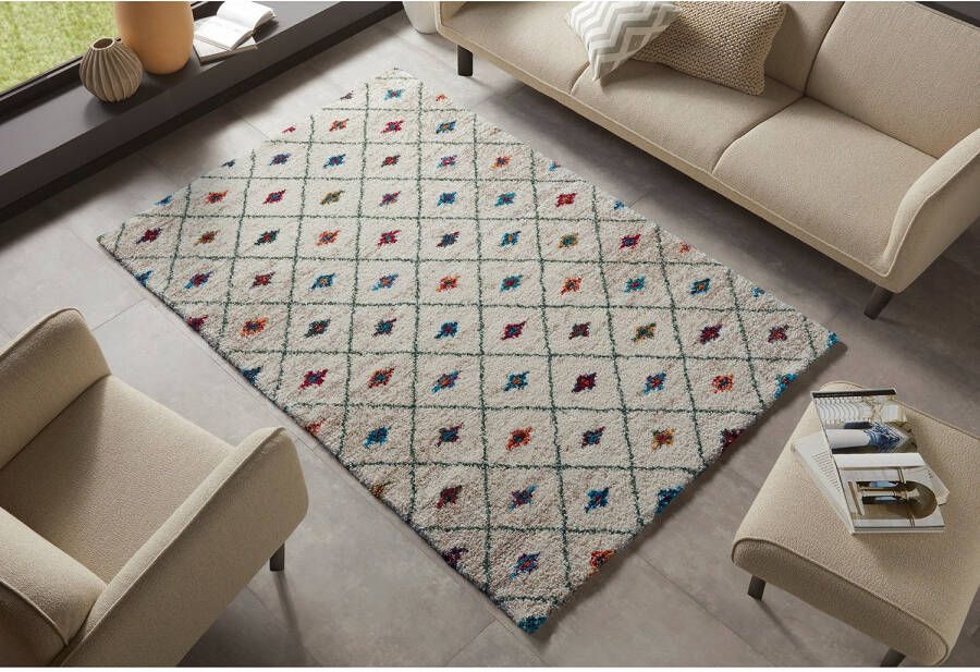 Tapeso Hoogpolig vloerkleed geruit Jovina crème meerkleurig 200x290 cm