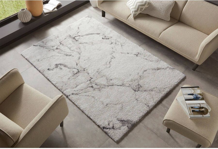 Tapeso Hoogpolig vloerkleed marble Mayrin crème grijs 120x170 cm - Foto 2