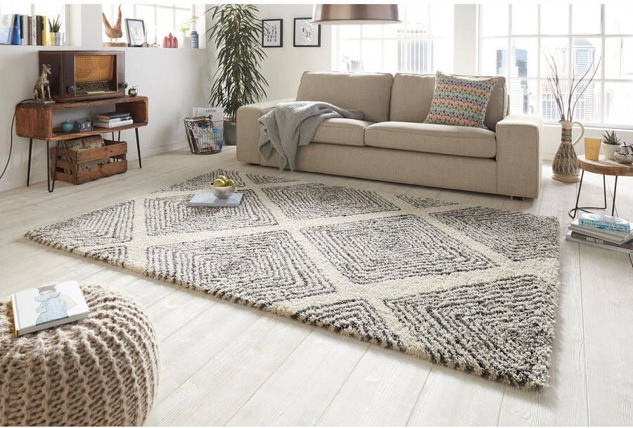 Mint rugs Hoogpolig vloerkleed ruiten Wire grijs crème 200x290 cm