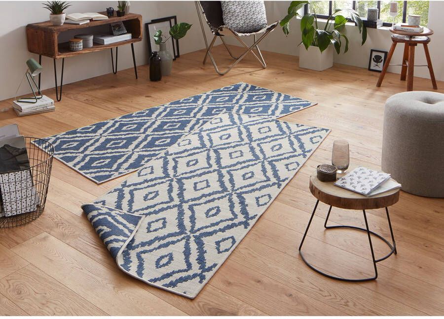 Northrugs Loper binnen & buiten ruiten Rio blauw crème 80x250 cm