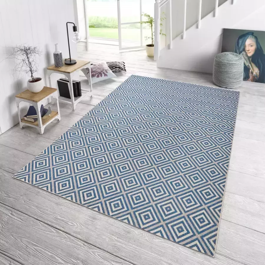 Northrugs Binnen & buiten vloerkleed ruiten Karo blauw crème 140x200 cm - Foto 2