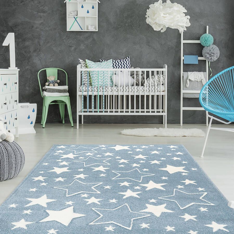 Kayoom Vloerkleed Stars 120 x 170 cm 16 mm dik Blauw Wit Tapijt voor in kinderkamer