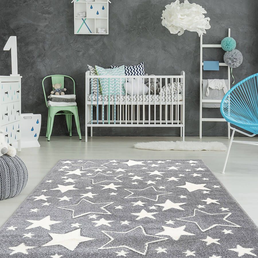 Kayoom Vloerkleed Stars 120 x 170 cm 16 mm dik Grijs Wit Tapijt voor in kinderkamer