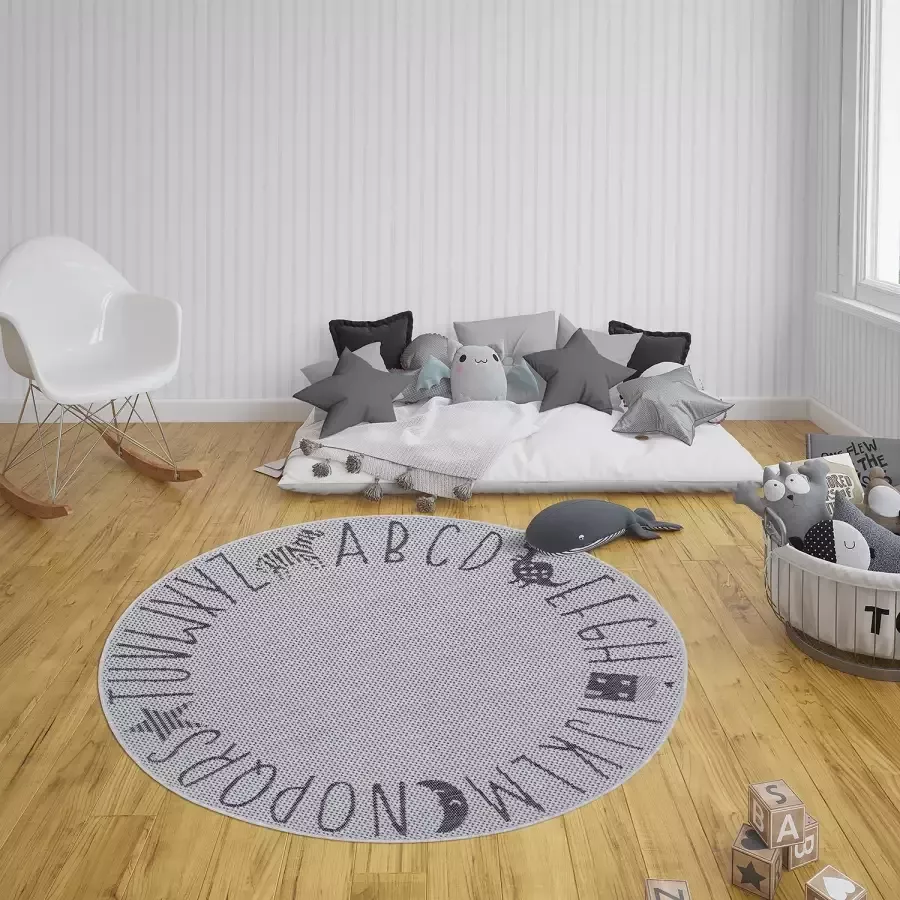 Tapeso Rond kinderkamer vloerkleed Alfabet zilver grijs 160 cm rond