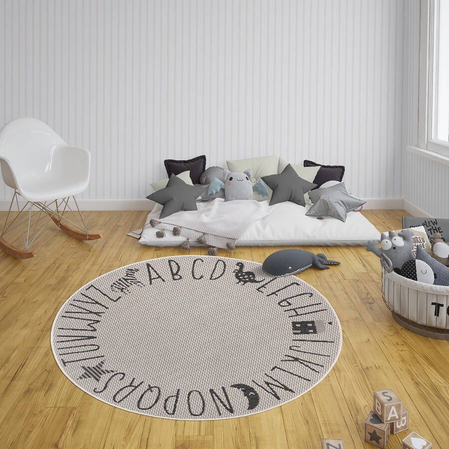 Tapeso Rond kinderkamer vloerkleed Alfabet crème zwart 160 cm rond