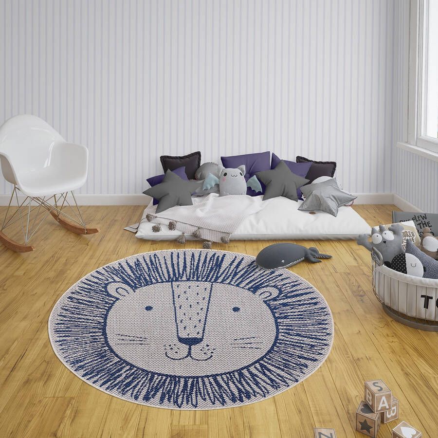 Tapeso Rond kinderkamer vloerkleed Leeuw crème blauw 160 cm rond