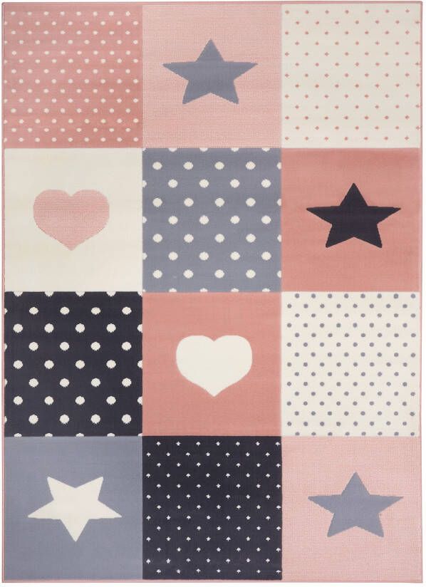 Tapeso Kindervloerkleed blokken Lovely Stars roze crème 160x220 cm