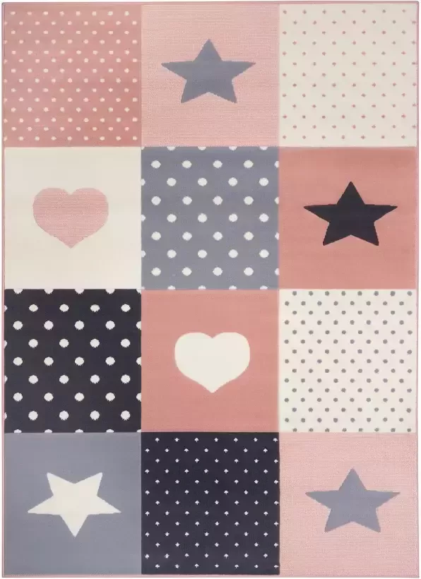 Tapeso Kindervloerkleed blokken Lovely Stars roze crème 80x150 cm