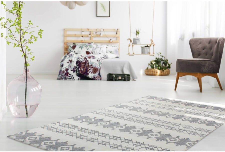 Kayoom Laagpolig vloerkleed met jacquard patroon 80 x 150 Grijs Ivory - Foto 2