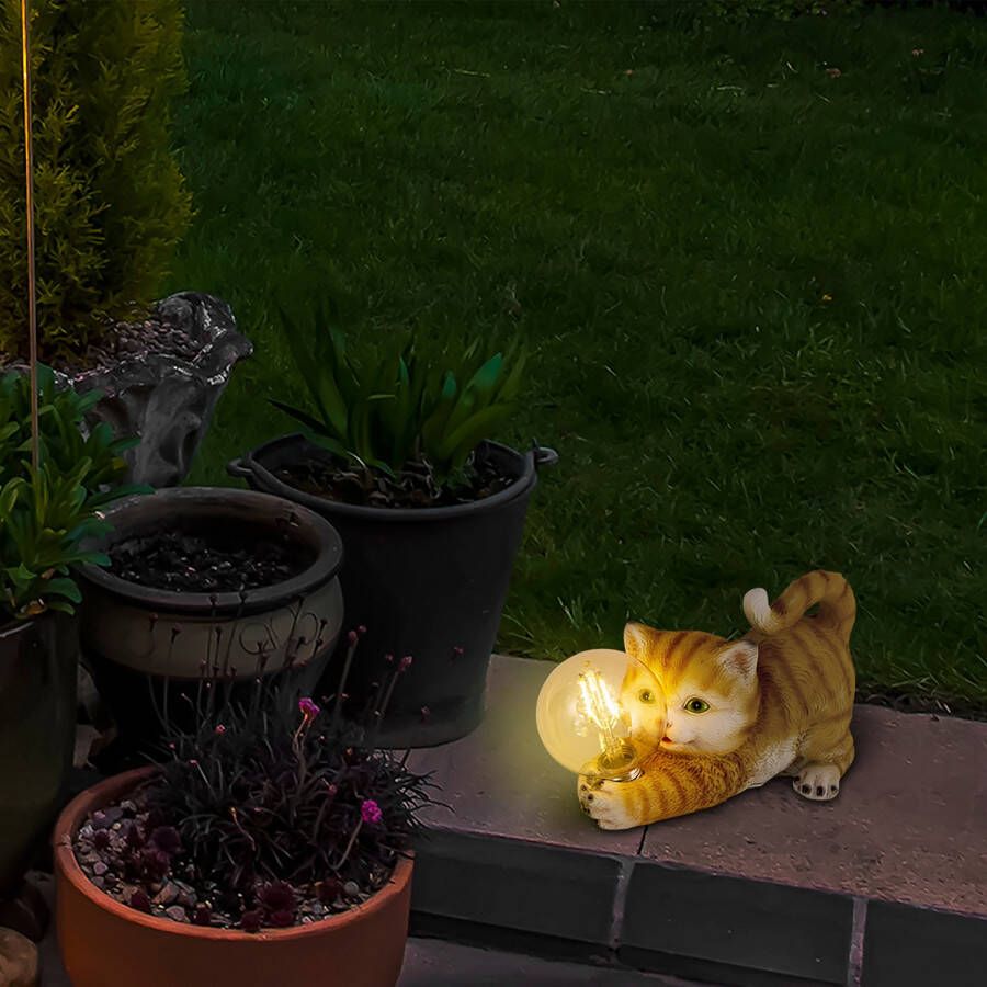 Näve Led-solarlamp Kat leuke gestreepte kat met verlichte bol en warmwit licht (1 stuk)