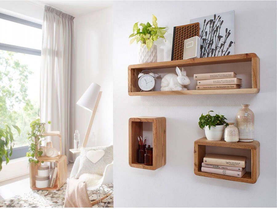 Wohnling design wandplank set van 3 BOHA massief houten planken acacia landelijke stijl | Rustieke wandplankenset hout | Hangplank vierkant echt hout | Wandplanken | Hangende dobbelstenen | Plankwanddozen vierkant - Foto 2