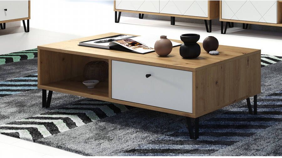 Trendteam smart living Salontafel Touch salontafel 110 x 37 x 60 cm Corpus ambachtelijk eiken front mat wit met metalen poten en gestructureerde fronten