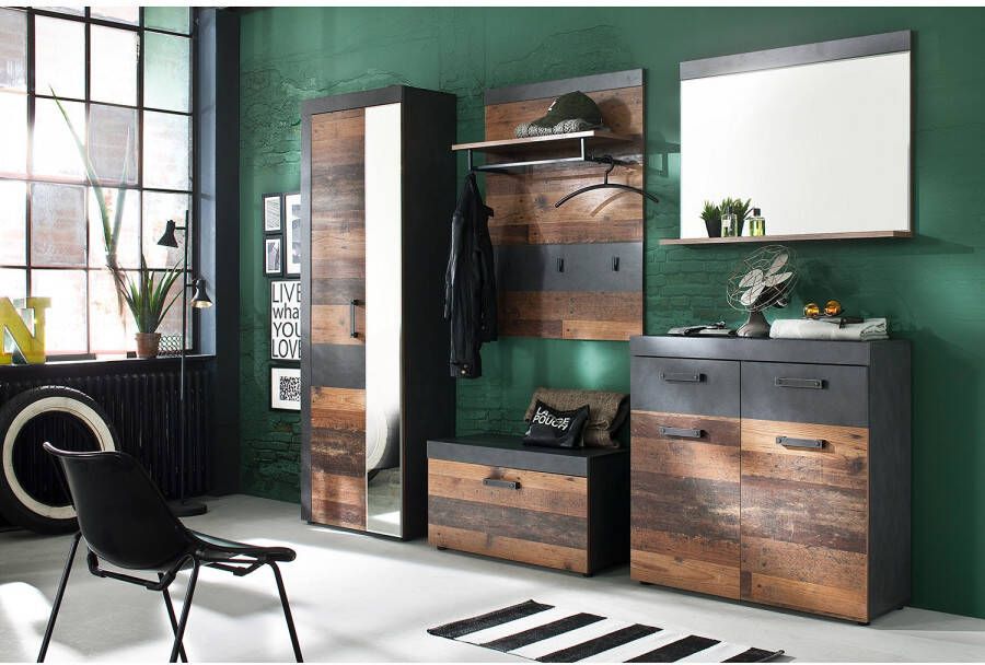 Trendteam smart living Garderobe wandspiegel Indy 90 x 69 x 16 cm in corpus grafiet grijs front old wood NB met spiegel