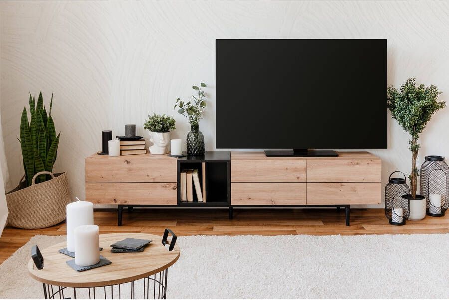 Cstore Tv-meubel met 3 kleppen Eiken en zwart decor L 195 x D 37 x H 48 cm NOLA - Foto 2