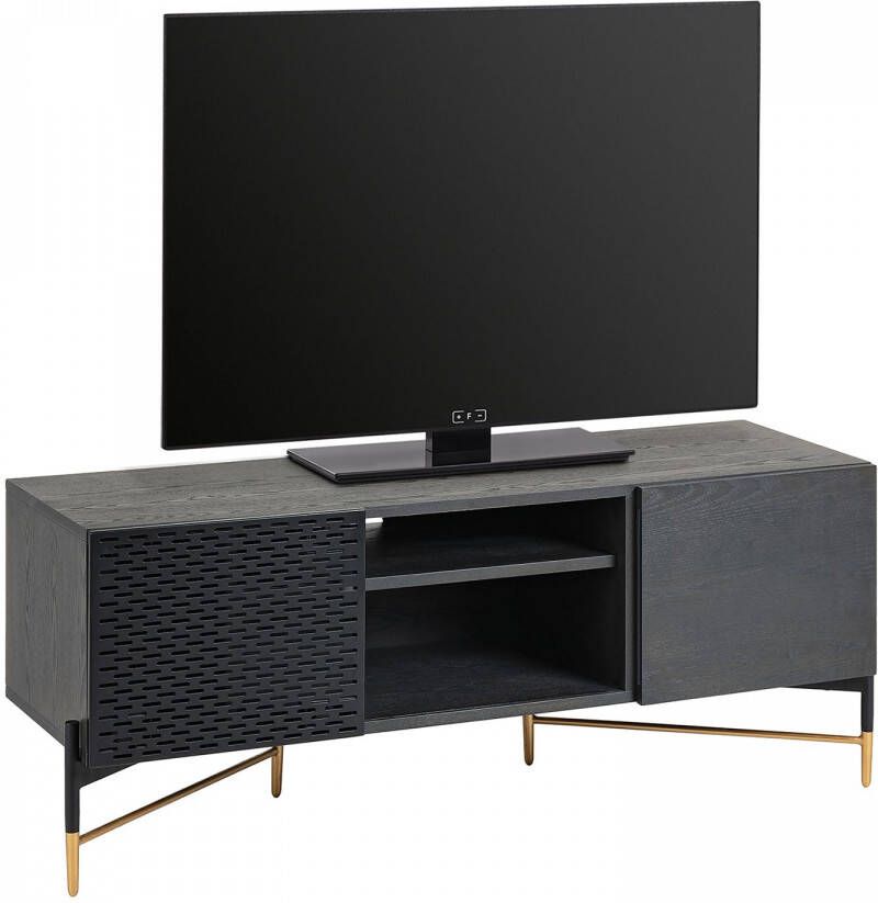 Kave Home Milian 2-deurs tv-meubel van essenhoutfineer met zwart & goud staal 141 x 56 cm (mtk0002) - Foto 1