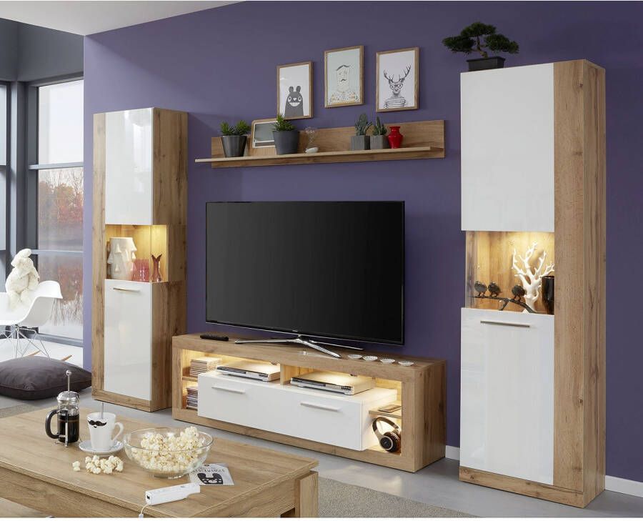 Trendteam Rock TV-meubel 150 cm 1 deur 4 open vakken Wotan Eiken decor wit hoogglans - Foto 3