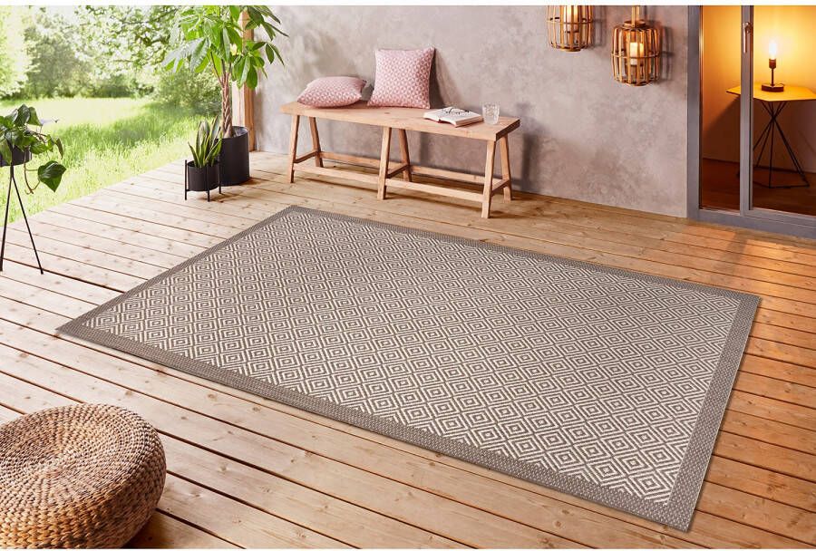 Tapeso Binnen & buiten vloerkleed ruiten Oslo lichtbruin crème 200x290 cm