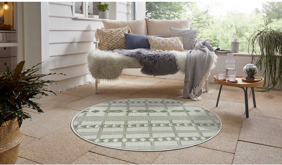 Tapeso Rond binnen & buiten vloerkleed Boho groen crème 120 cm rond