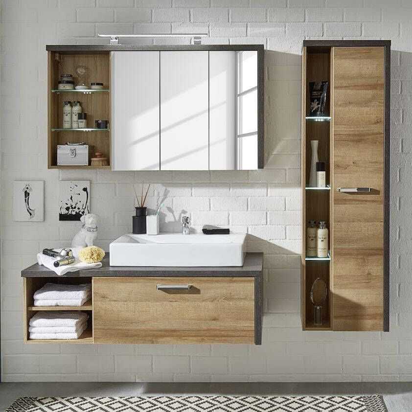 Trendteam smart living Furnline Badkamer ijdelheidskast met veel opbergruimte baai eiken Riviera honing ontslag beton 123 x 39 x 53 cm