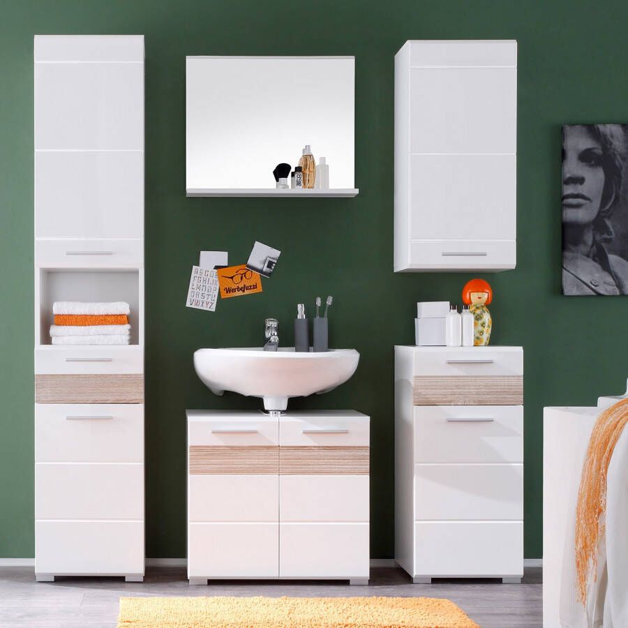 Trendteam smart living Badkamerwastafelonderkast onderkast Mezzo 60 x 56 x 34 cm in wit hoogglans afwerking eiken ruw gezaagd licht groefstructuur (Nb.) met veel opbergruimte