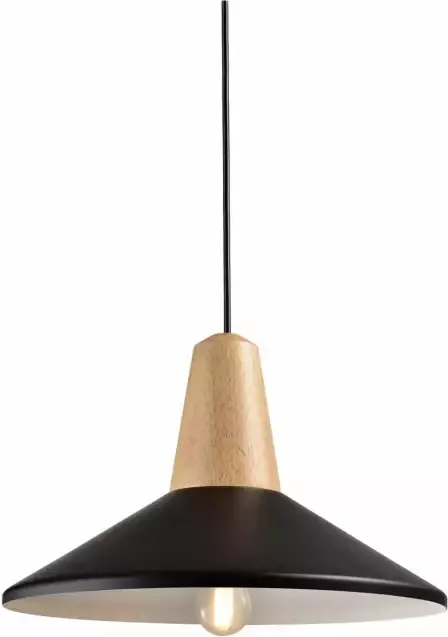 QUVIO Hanglamp modern hoedvorm met hout Diameter 35 cm Zwart en bruin - Foto 1