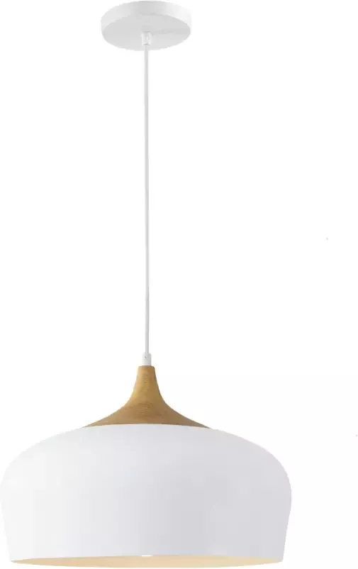 QUVIO Hanglamp Scandinavisch Rond metaal met een houtlook Diameter 33 cm Wit en bruin - Foto 1