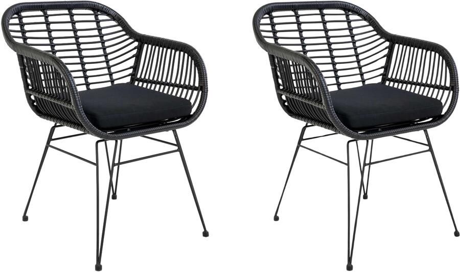QUVIO Fauteuil tuinstoel Jade Eetkamerstoelen Eetkamerstoel Zwarte tuinstoel Met kussen Staal PE rattan Zwart Set van 2