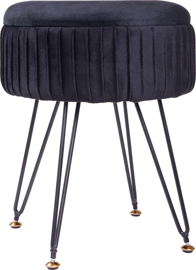 QUVIO Ronde zitkruk Metalen hairpin poten Decoratieve kruk Krukje Zwarte poef Fluweel Met opbergruimte Voor woonkamer en slaapkamer Ø32 cm Zwart