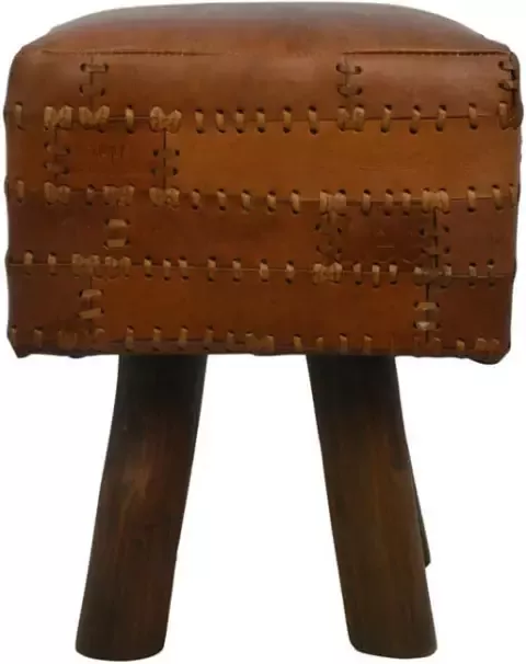 HSM Collection vierkante kruk Jari patchwork leder vintage cognac Leen Bakker