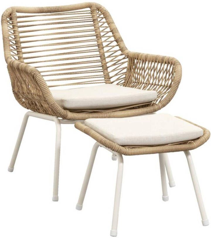 Le Sud Loungestoel Grand met voetenbank naturel zand metaal wicker 2-delig Leen Bakker