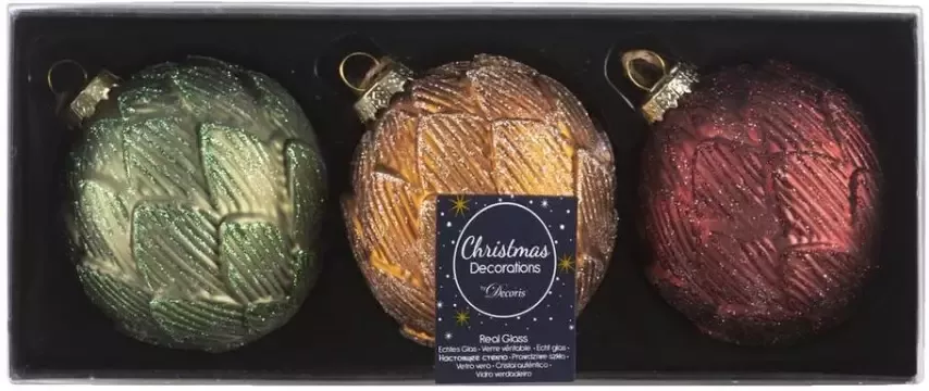 Leen Bakker Kerstballen Pinecone 3 stuks multicolor glas ø8 cm