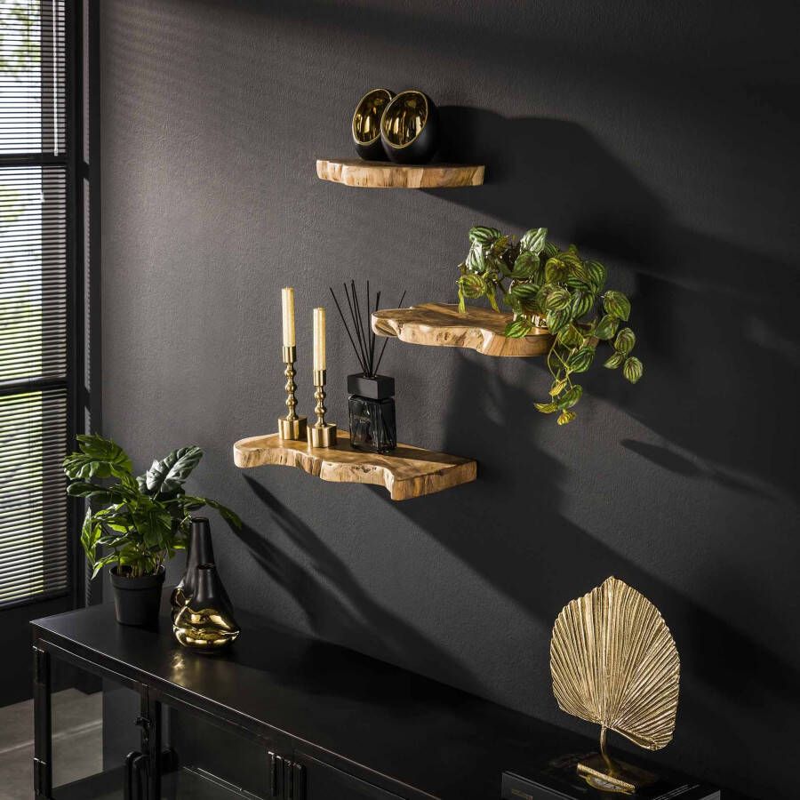 Max Wonen Wandplank Natural line Set van 3 Massief gerecycled teakhout