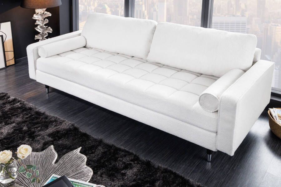 Invicta Interior Design 3-zitsbank COSY 220cm wit bouclé retro loungebank met veerkern en zwarte poten 42703