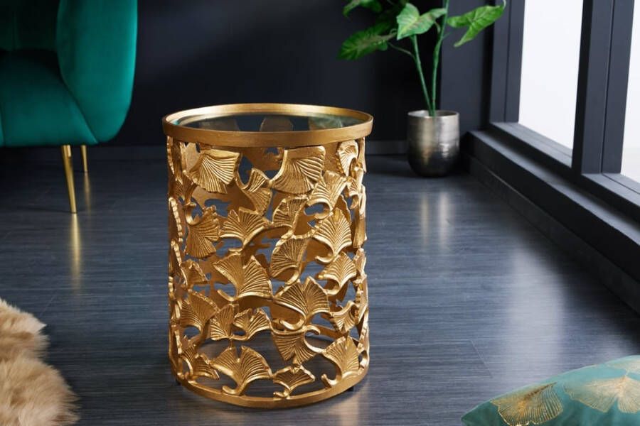 Invicta Interior Decoratieve salontafel GINKGO 35cm goud handgemaakt rond metalen glazen blad 42034