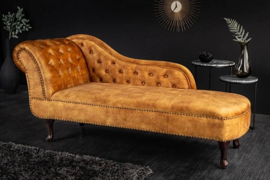 Invicta Interior Design chaise longue CHESTERFIELD 170cm mosterdgeel fluwelen knoopsluiting klinknagels 41252