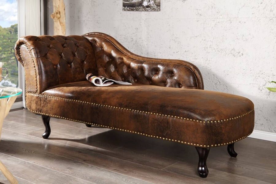 Invicta Interior Chesterfield chaise longue 170cm antiekbruin met knoopstiksel en klinknagels 21628