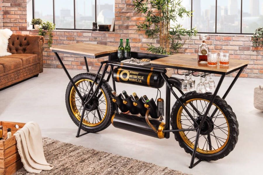 Invicta Interior Industriële console MOTORCYCLE 185cm mangohout zwart motorfiets bar upcycling 42108