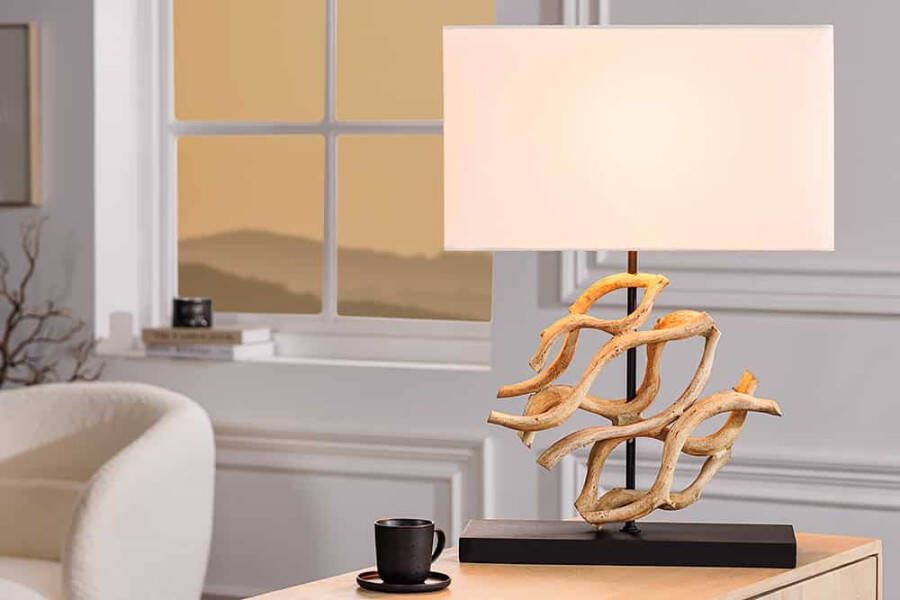 Invicta Interior Design tafellamp WAVE 60cm natuurlijk massief hout handgemaakte witte katoenen kap 43932