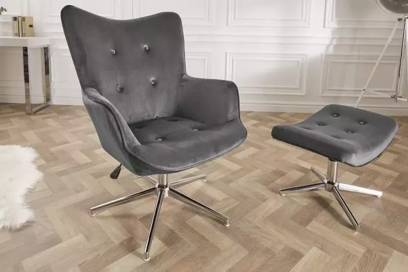 Invicta Interior Design fauteuil MR. LOUNGER grijs chroom fluweel in hoogte verstelbaar draaibaar retro 39511