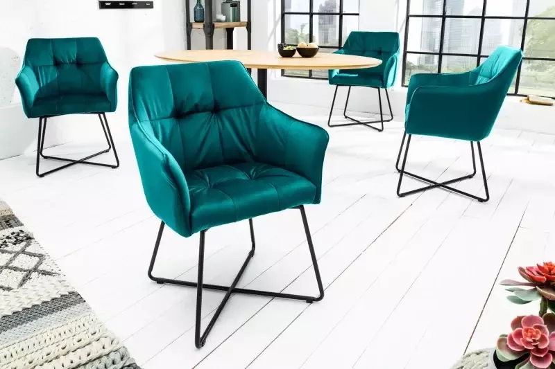 Invicta Interior Eetkamerstoel Loft Turquoise Fluweel Met Armleuning 38861