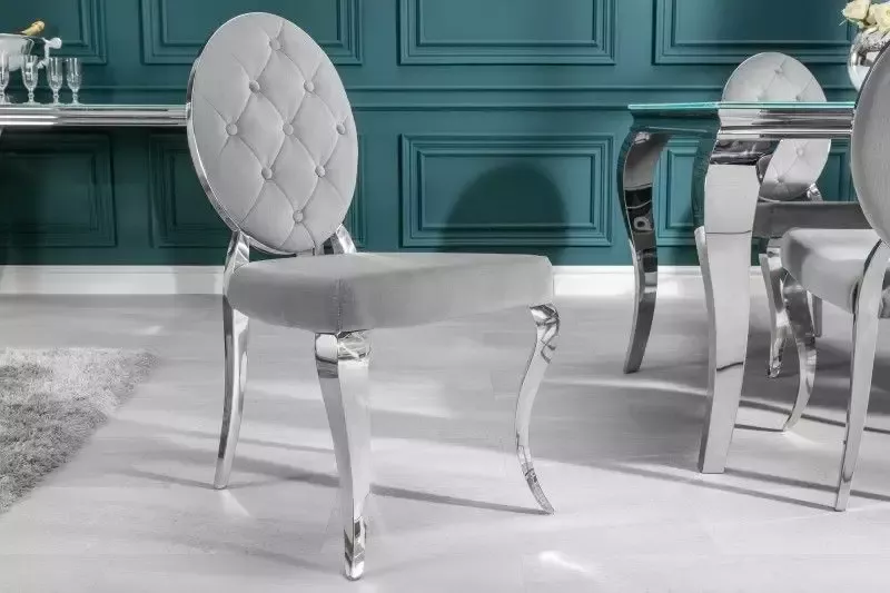 Invicta Interior Elegante stoel MODERN BAROK edel grijs fluweel met knopen roestvrijstalen poten 38342